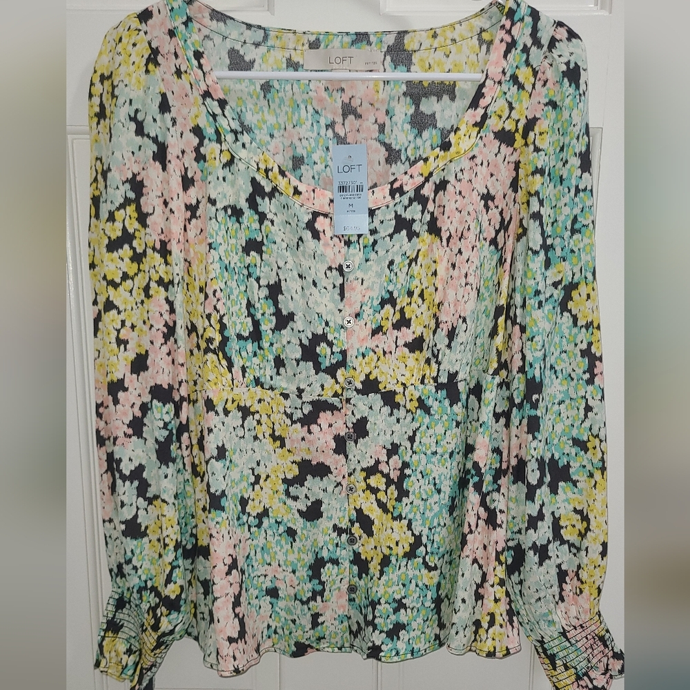 LOFT Pastel Floral Button-Front Blouse in Black Background NWT